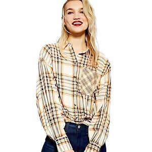 Like New Topshop Womens Murphy Orange Black Plaid Button Down Long Sleeve Top